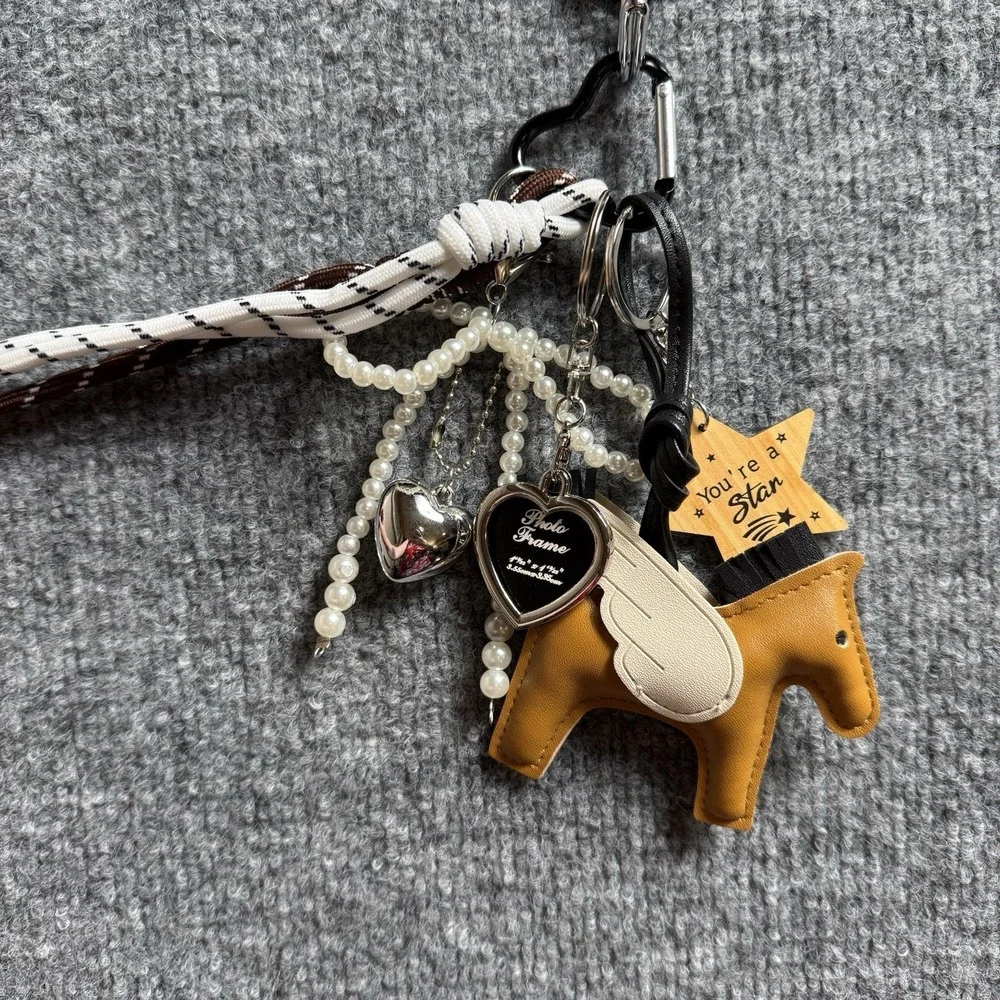 Designer Inspired Pegasus Horse Bag Charm Keychain Faux Pearl Bow Star Tassel